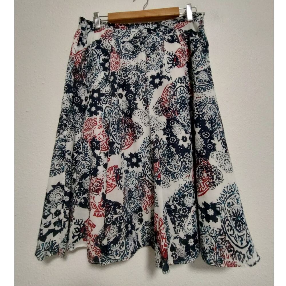 Chico's Blue White Red Abstract Print Fully Lined Cotton Flared Skirt Size 2